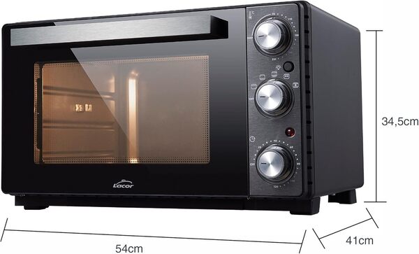 Lacor - 69347 - Four de table électrique, Petit four de cuisine, convection avec boîtier en acier, Température: 70ºC-230ºC, 54x34,5x41 cm, Capacité: 35 L, Noir