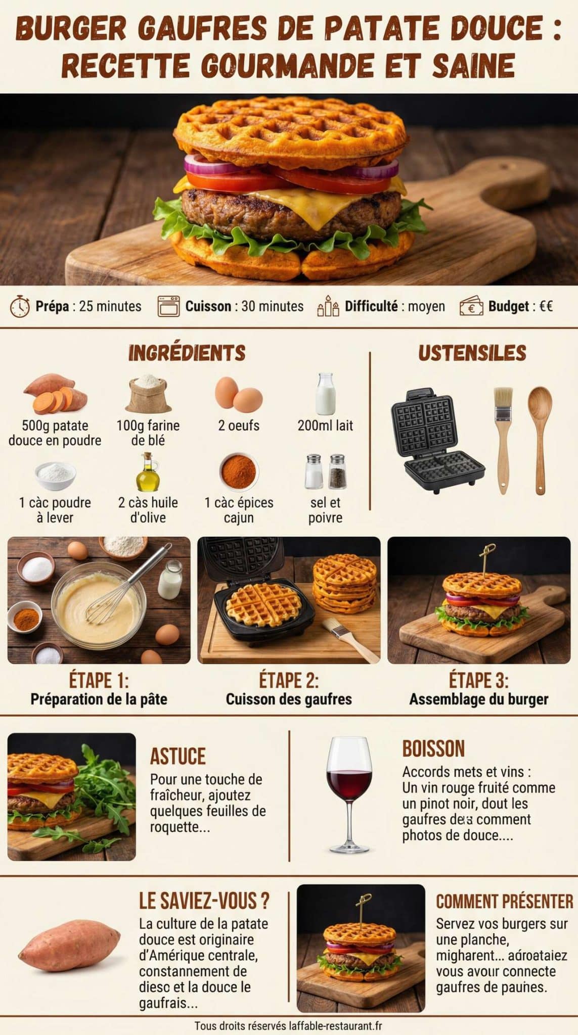 Fiche recette Burger gaufres de patate douce : recette gourmande et saine