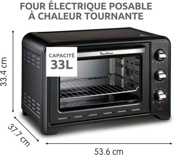 Moulinex Four posable 33 L, Chaleur tournante, Convection de pointe, 6 modes de cuisson, Thermostat réglable jusqu’à 240 °C, Timer 120 min, Grille réversible, Maniques silicone, Optimo Noir OX464811