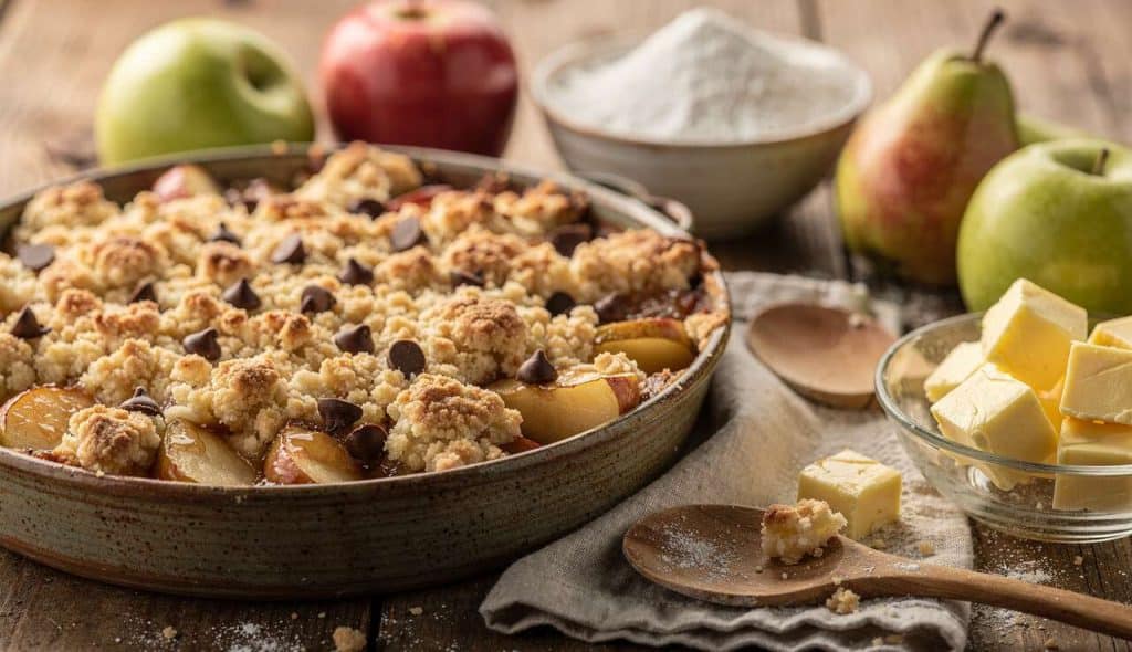 Crumble aux pommes, poires et chocolat : recette gourmande