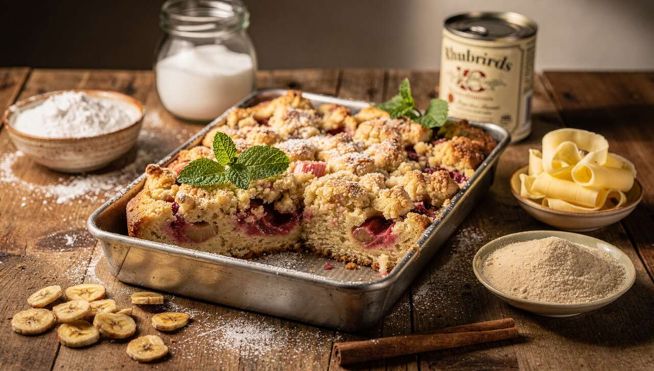 Gâteau crumble banane et rhubarbe : recette gourmande et facile