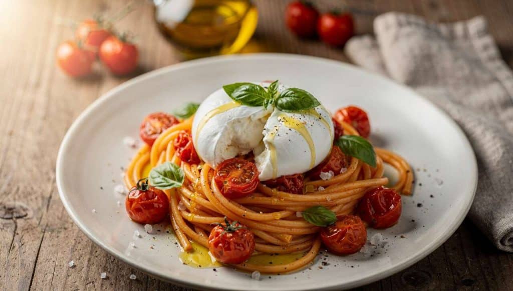 Linguines aux tomates cerises et burrata : recette gourmande