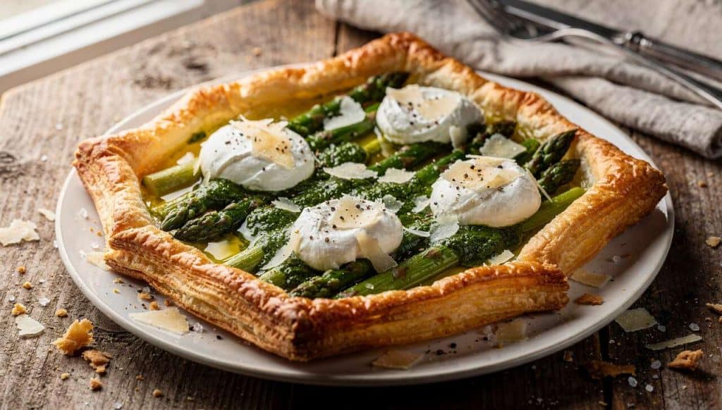 Recette : tarte asperges, pesto et burrata délicieuse