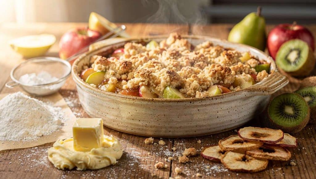 Crumble pommes, poires et kiwis : recette gourmande