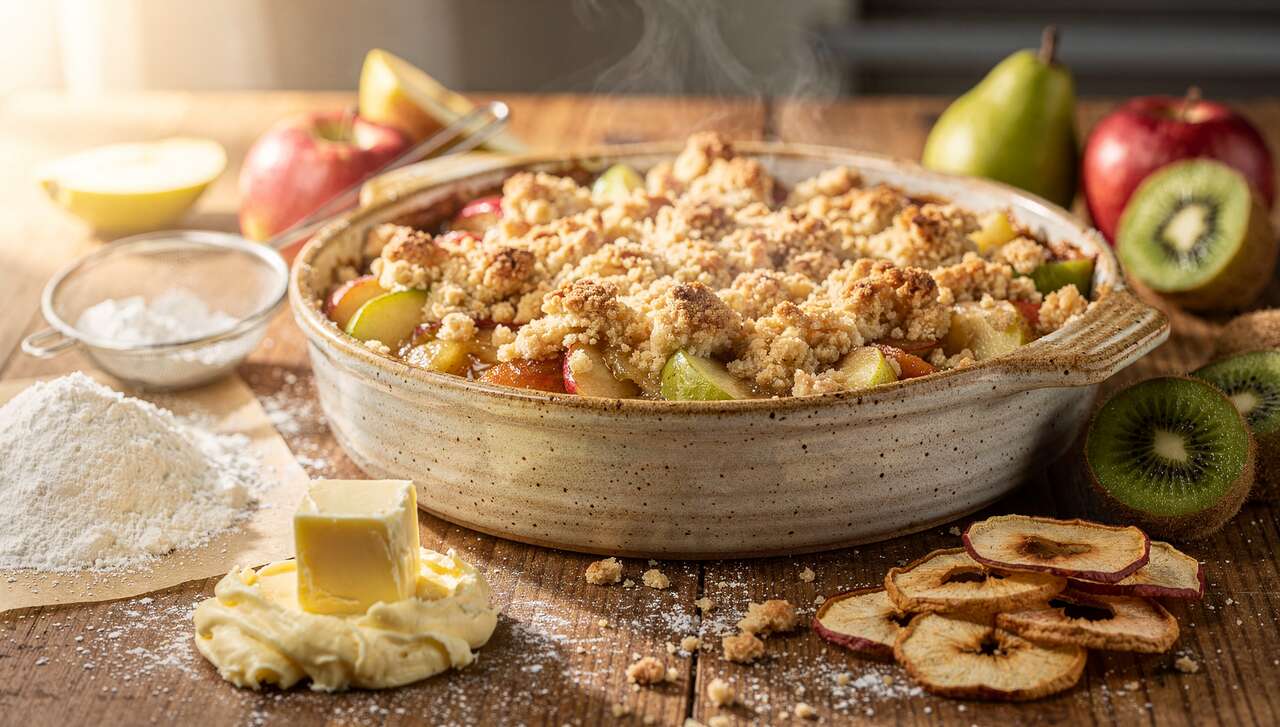 Crumble pommes, poires et kiwis : recette gourmande