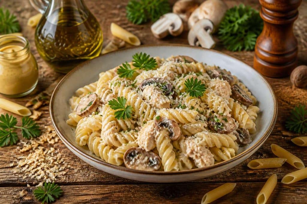 Pâtes Crémeuses Au Poulet Et Champignons : recette délicieuse