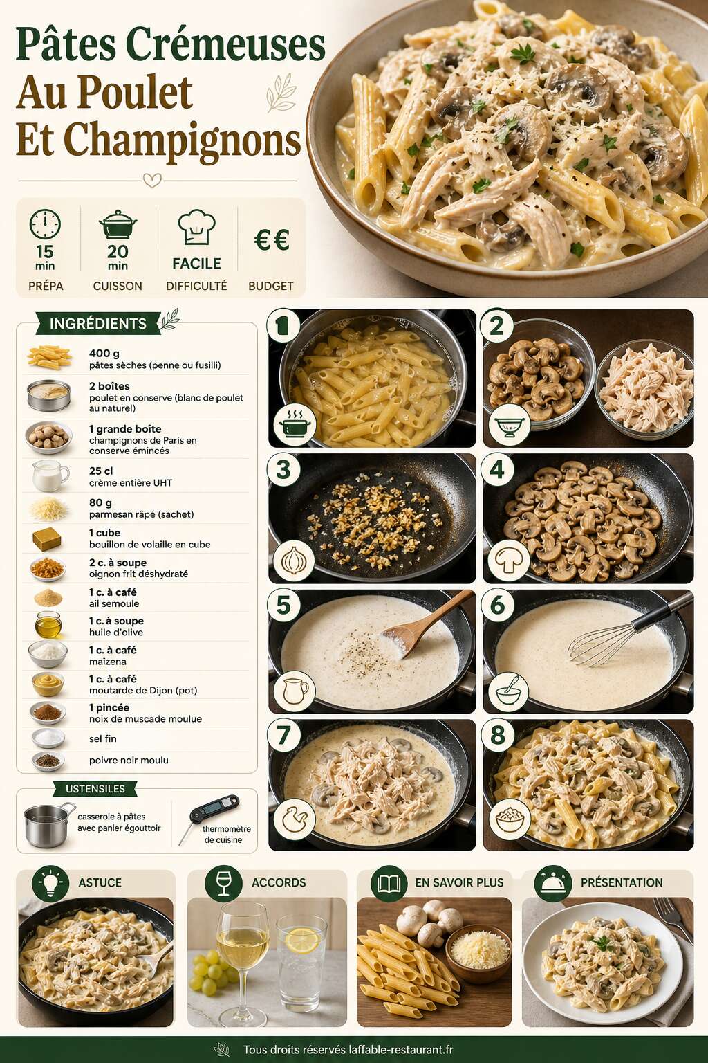 Fiche recette P&acirc;tes Cr&eacute;meuses Au Poulet Et Champignons : recette d&eacute;licieuse