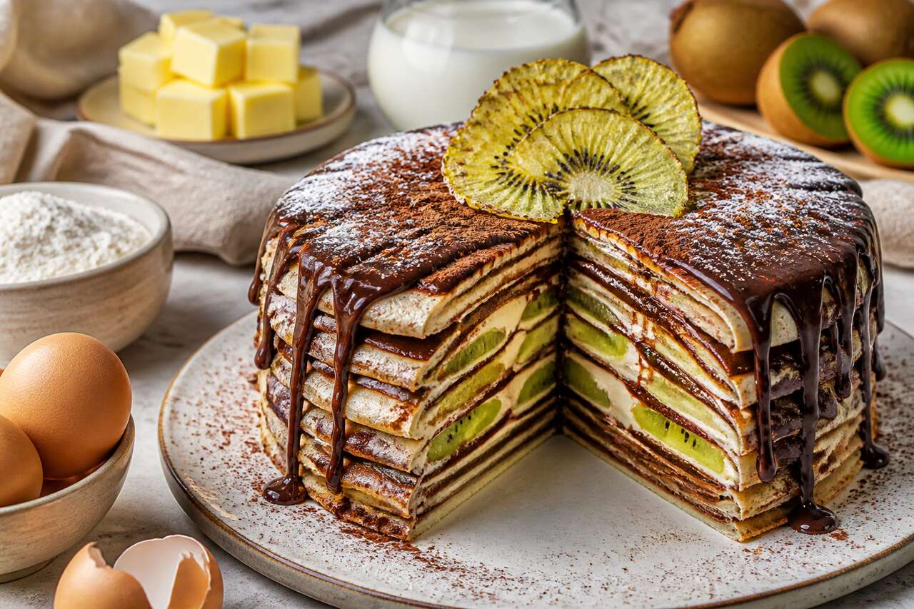 Gâteau de crêpes au kiwi et chocolat : recette gourmande