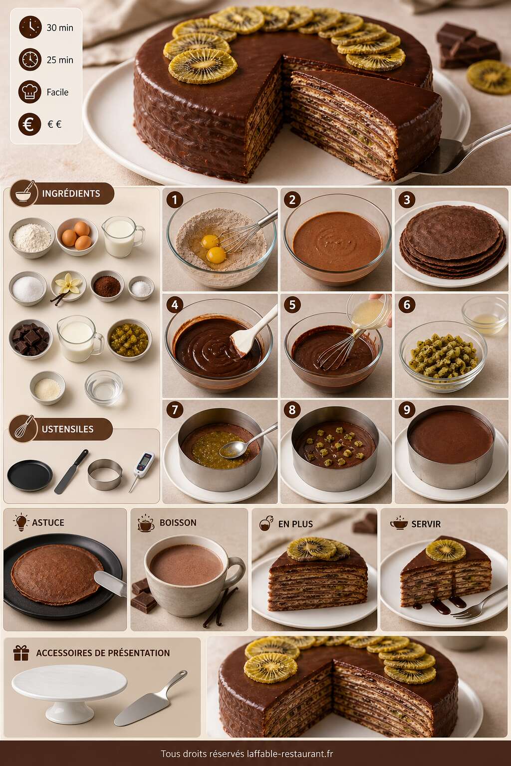 Fiche recette G&acirc;teau de cr&ecirc;pes au kiwi et chocolat : recette gourmande