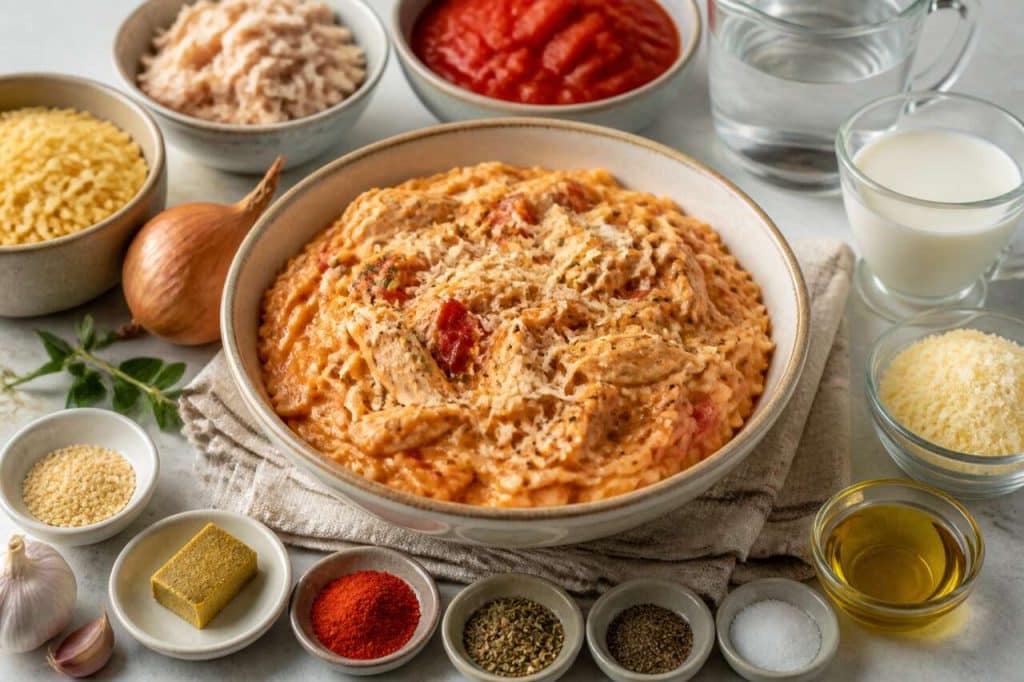 Orzo crémeux au poulet et tomates