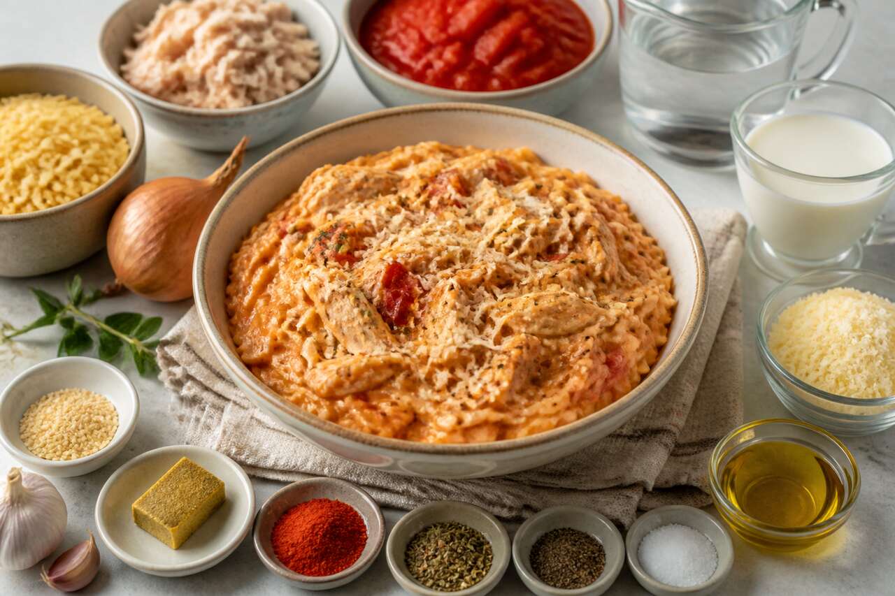 Orzo crémeux au poulet et tomates