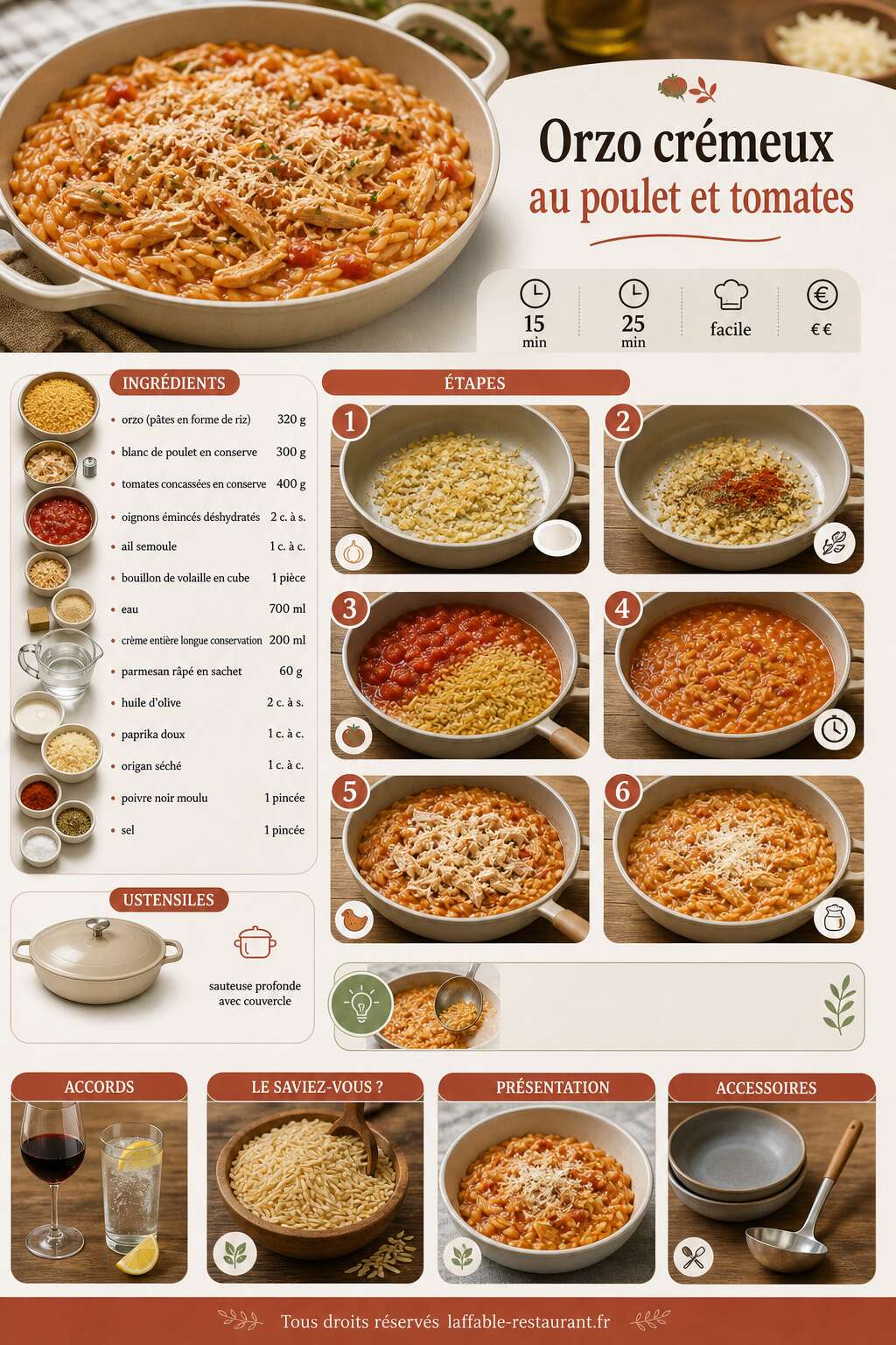 Fiche recette Orzo crémeux au poulet et tomates Fiche recette Orzo crémeux au poulet et tomates