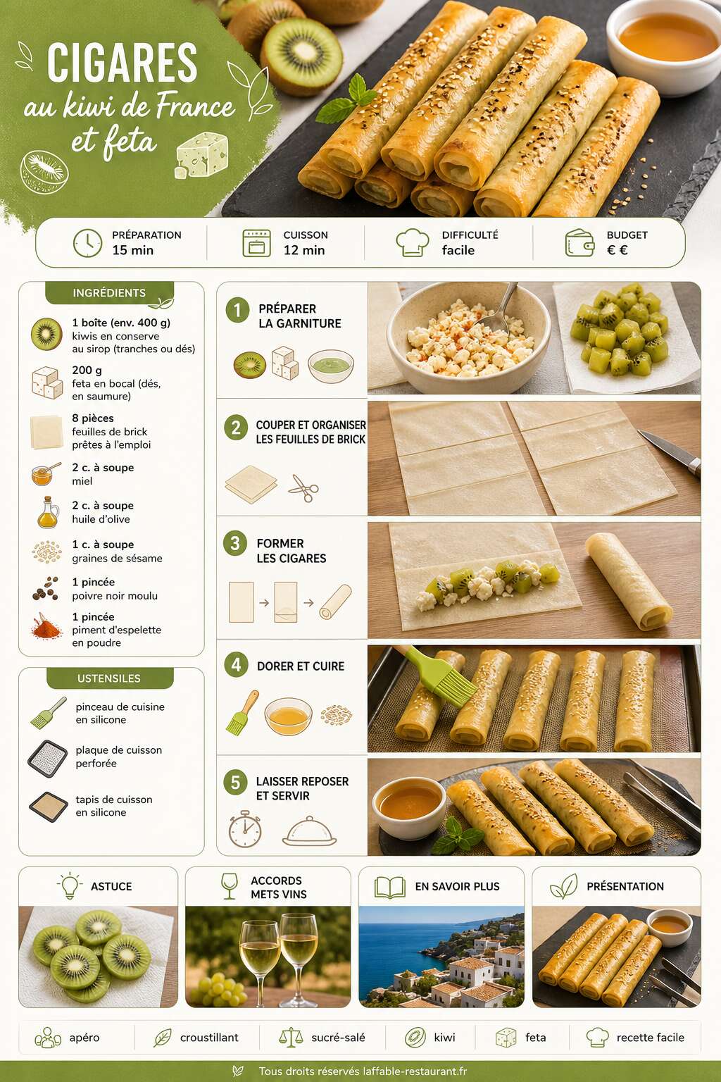 Fiche recette D&eacute;couvrez notre recette : cigares au kiwi de France et feta