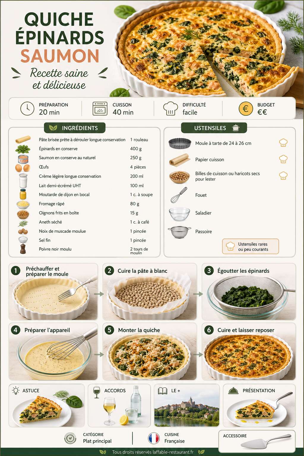 Fiche recette Quiche &eacute;pinards saumon : recette saine et d&eacute;licieuse