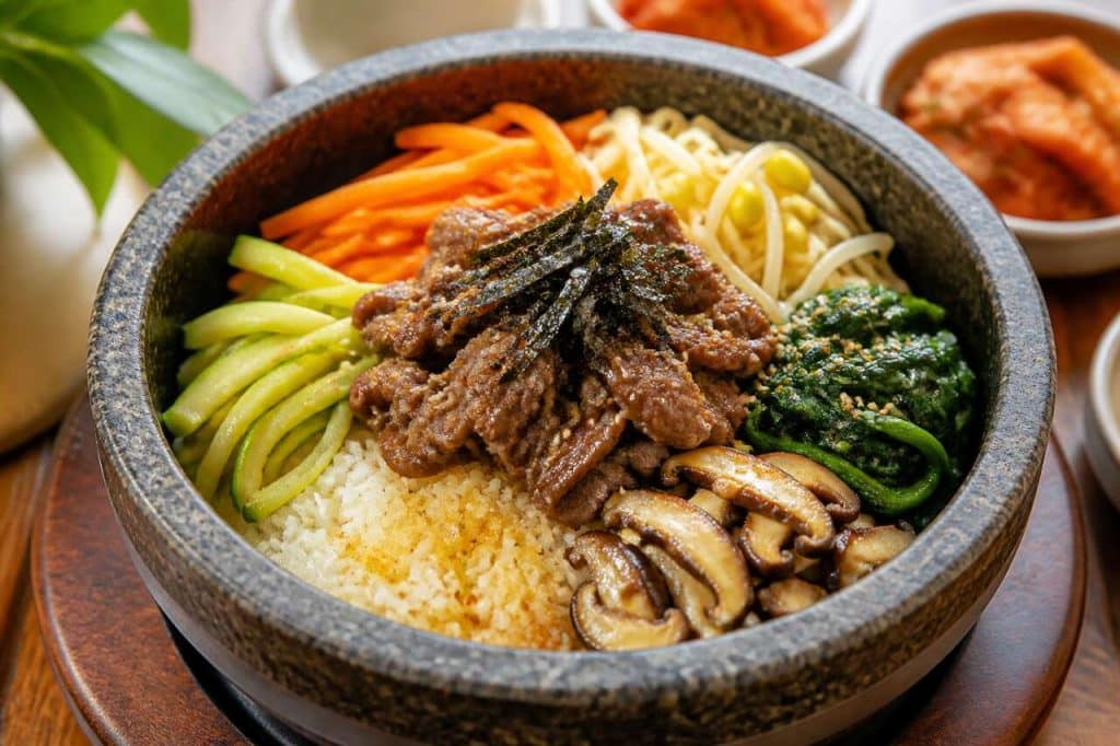 Recette de Bibimbap : assiette coréenne de riz, légumes et viande marinée