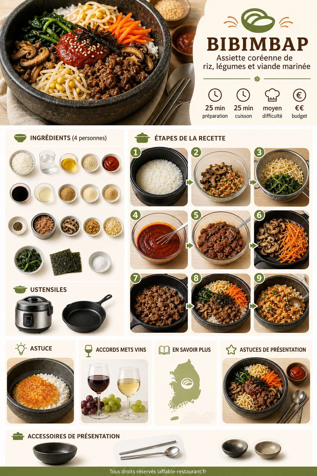 Fiche recette Recette de Bibimbap : assiette cor&eacute;enne de riz, l&eacute;gumes et viande marin&eacute;e