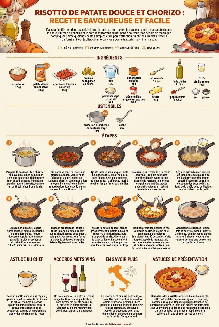 Fiche recette Risotto de patate douce et chorizo : recette savoureuse et facile Fiche recette Risotto de patate douce et chorizo : recette savoureuse et facile