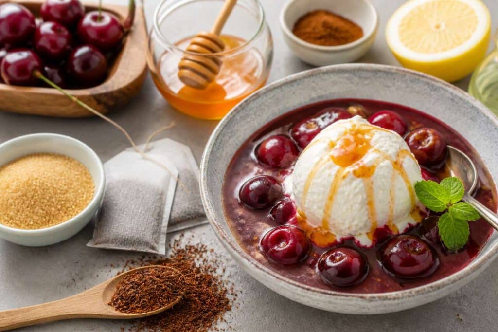 Recette de cerises au rooibos, sorbet au fromage blanc