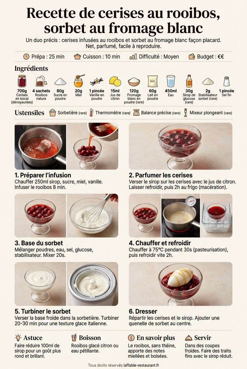 Fiche recette Recette de cerises au rooibos, sorbet au fromage blanc Fiche recette Recette de cerises au rooibos, sorbet au fromage blanc