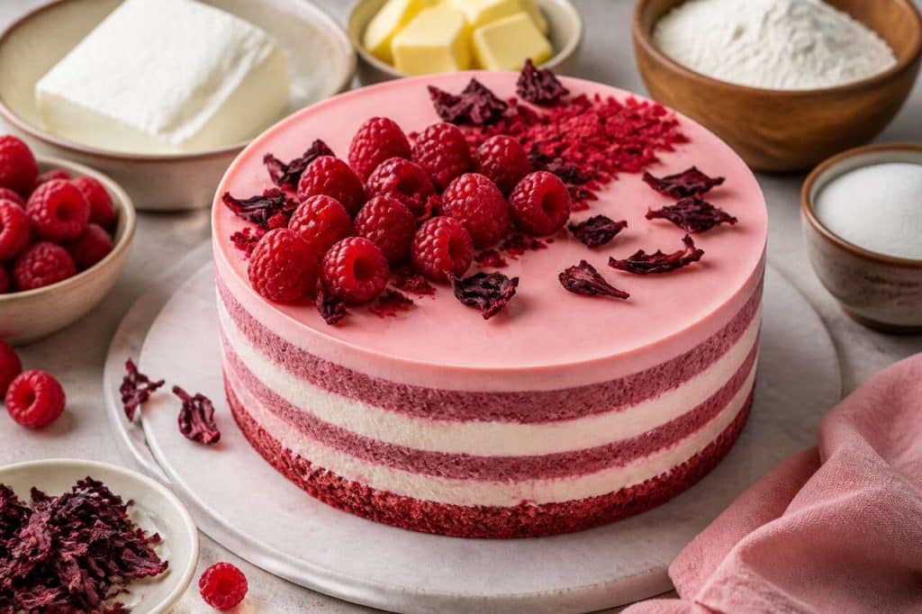 Recette du layer cake hibiscus et framboises