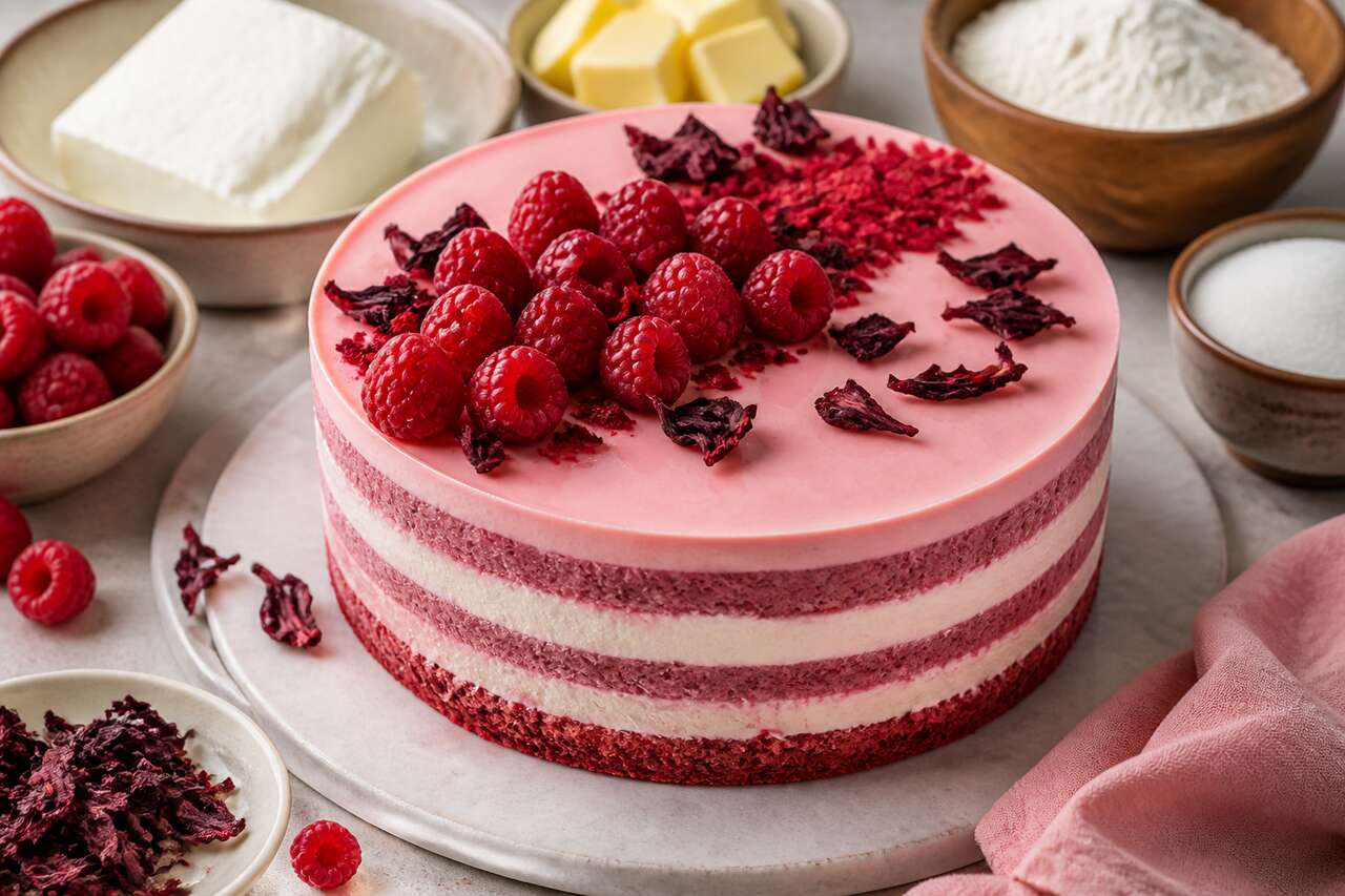 Recette du layer cake hibiscus et framboises