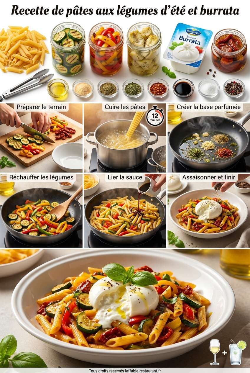 Fiche recette Recette de pâtes aux légumes d'été et burrata Fiche recette Recette de pâtes aux légumes d'été et burrata