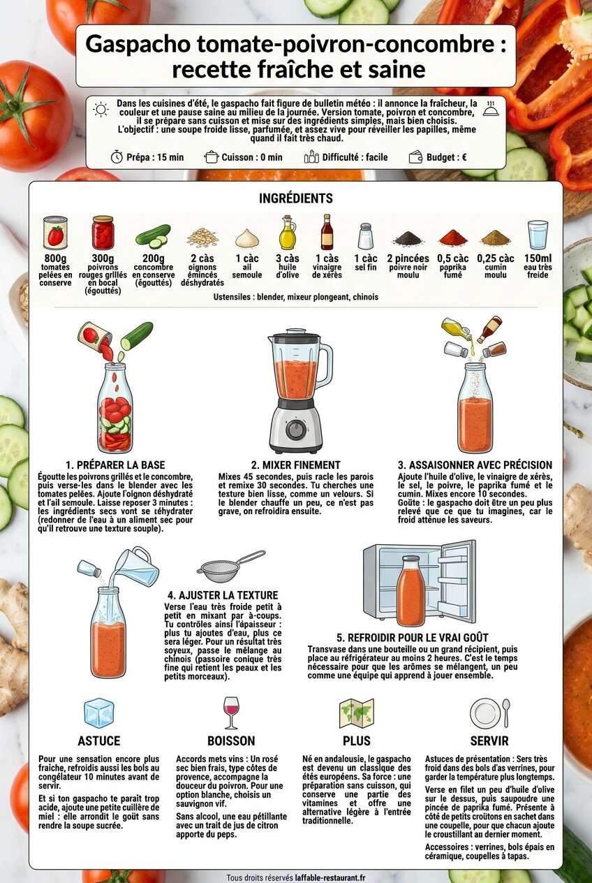 Fiche recette Gaspacho tomate-poivron-concombre : recette fraîche et saine Fiche recette Gaspacho tomate-poivron-concombre : recette fraîche et saine