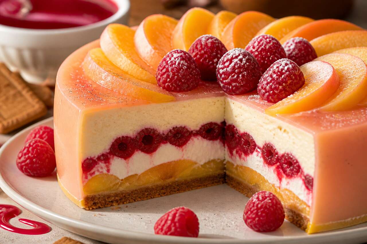 Recette d'entremets pêche Melba : pêche, framboise et vanille