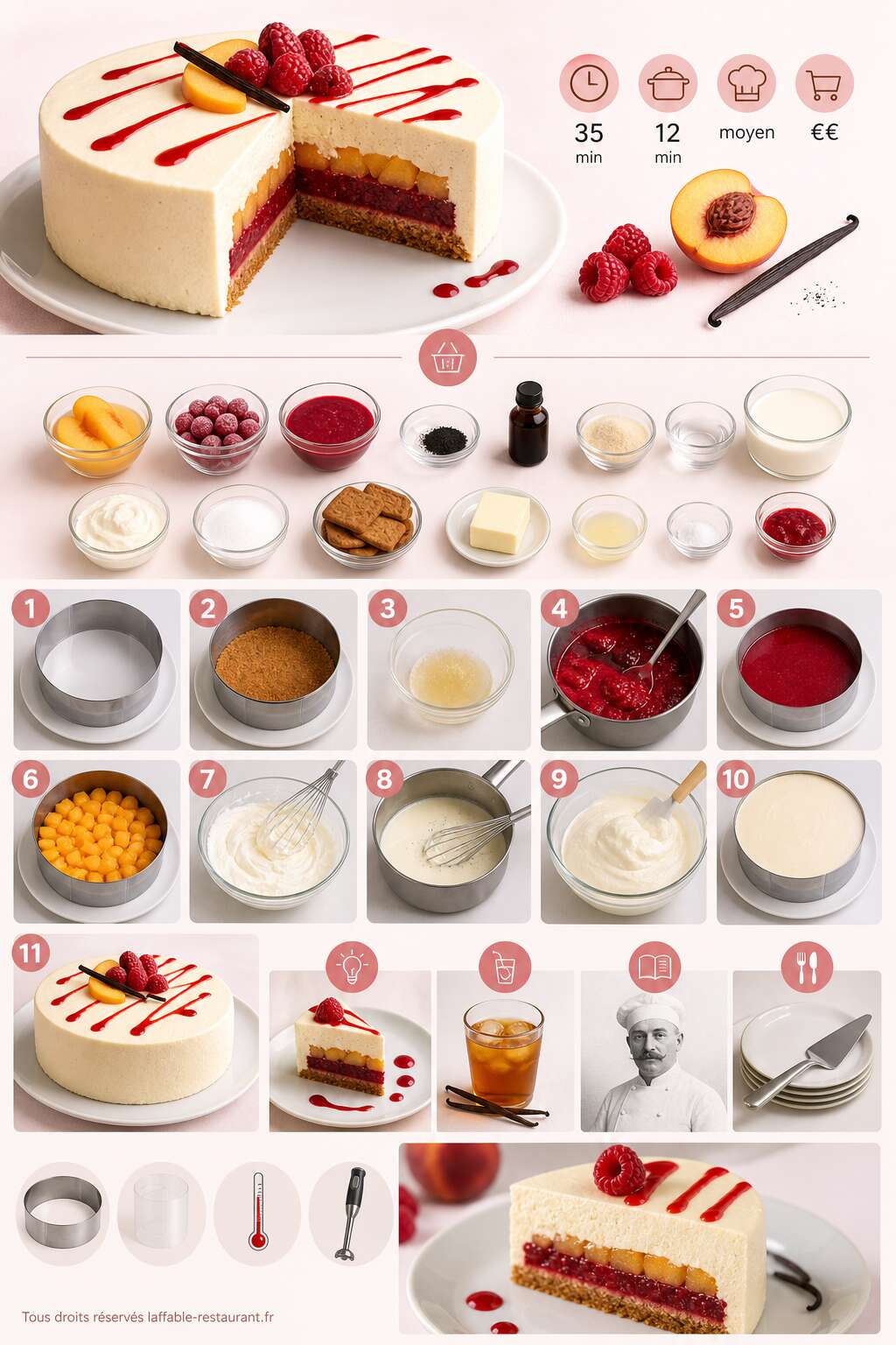 Fiche recette Recette d'entremets pêche Melba : pêche, framboise et vanille Fiche recette Recette d'entremets pêche Melba : pêche, framboise et vanille
