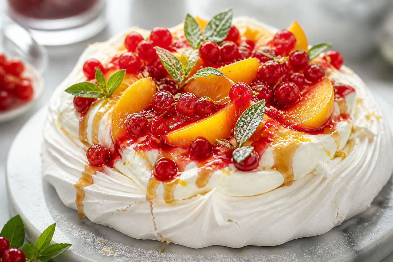 Recette de pavlova aux groseilles, pêches et verveine citronnelle