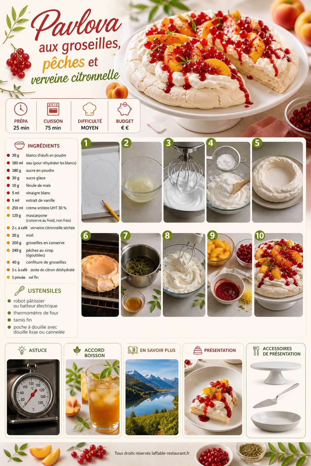 Fiche recette Recette de pavlova aux groseilles, pêches et verveine citronnelle Fiche recette Recette de pavlova aux groseilles, pêches et verveine citronnelle