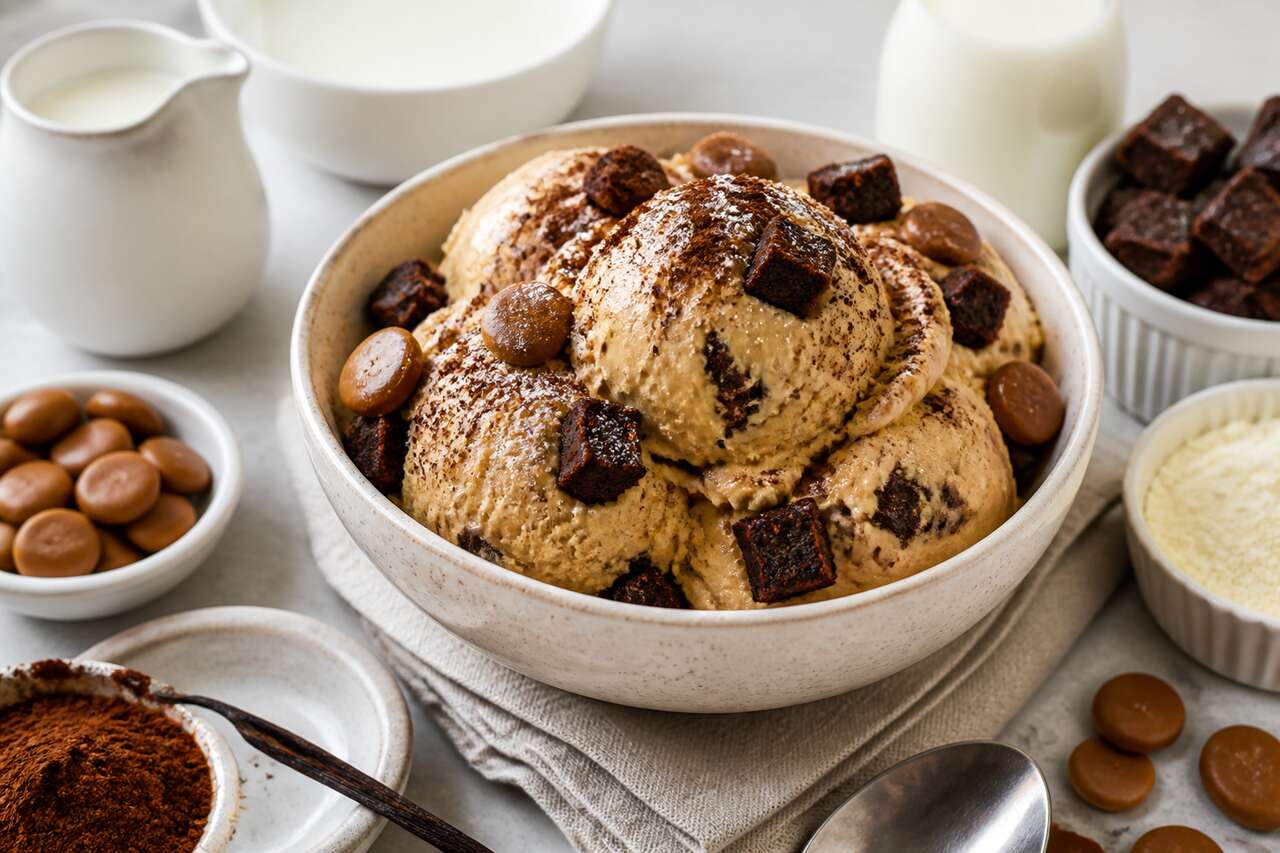 Recette de glace au Dulcey avec éclats de brownie
