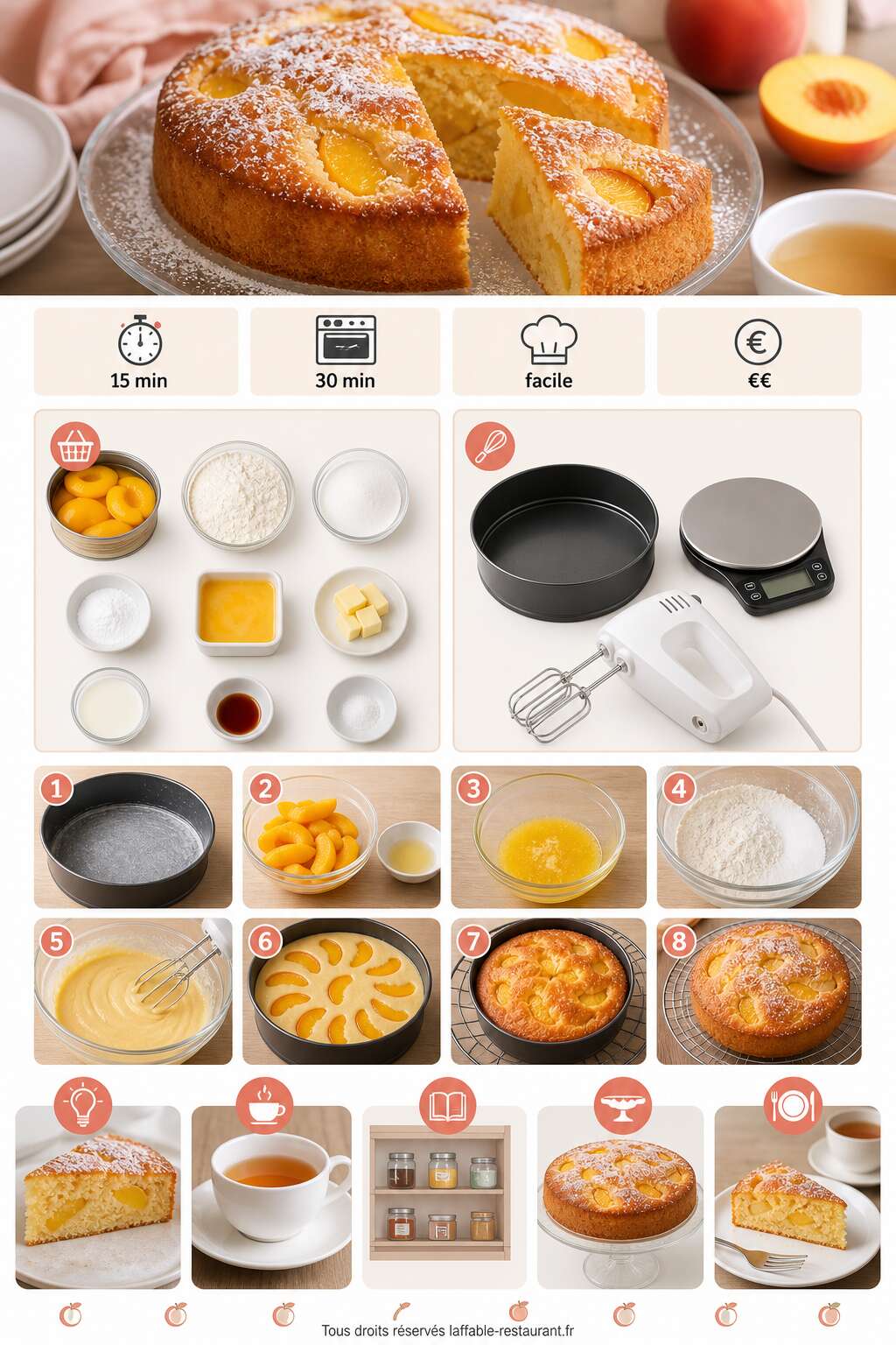 Fiche recette Recette du moelleux aux pêches fondant et facile Fiche recette Recette du moelleux aux pêches fondant et facile