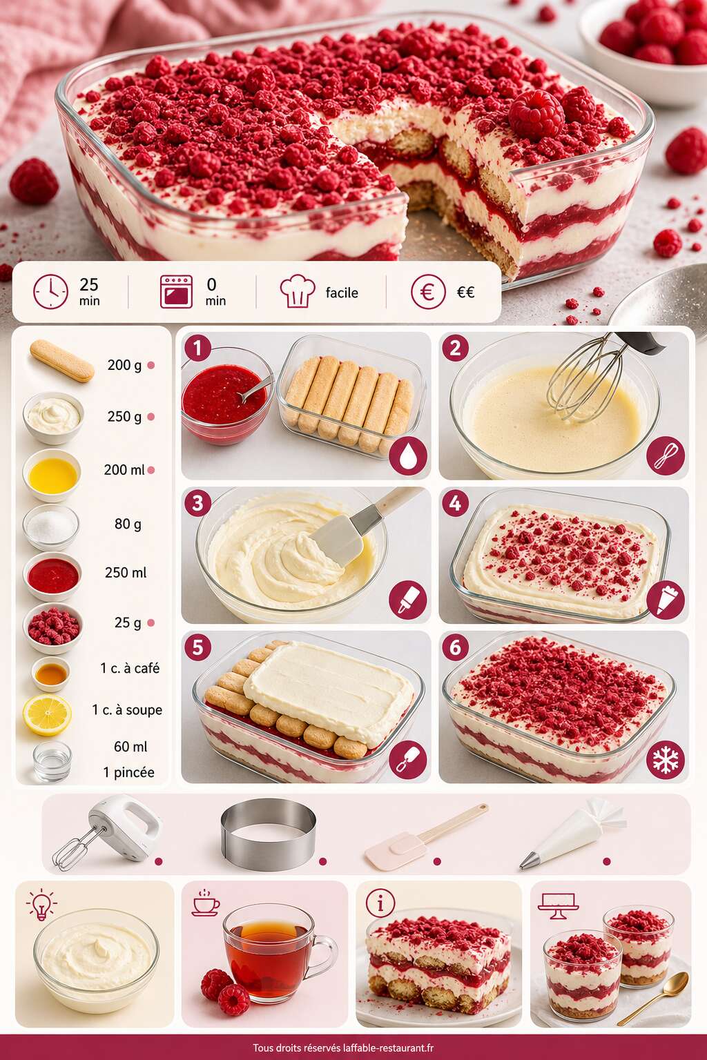 Fiche recette Recette du tiramisu aux framboises Fiche recette Recette du tiramisu aux framboises