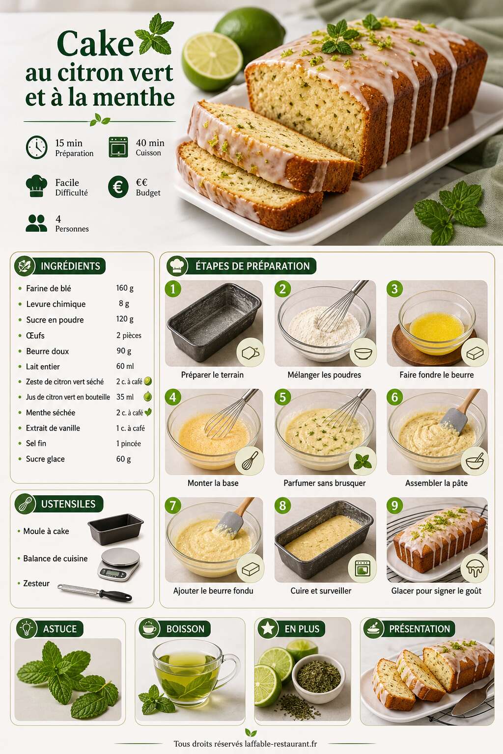 Fiche recette Recette du cake au citron vert et à la menthe Fiche recette Recette du cake au citron vert et à la menthe