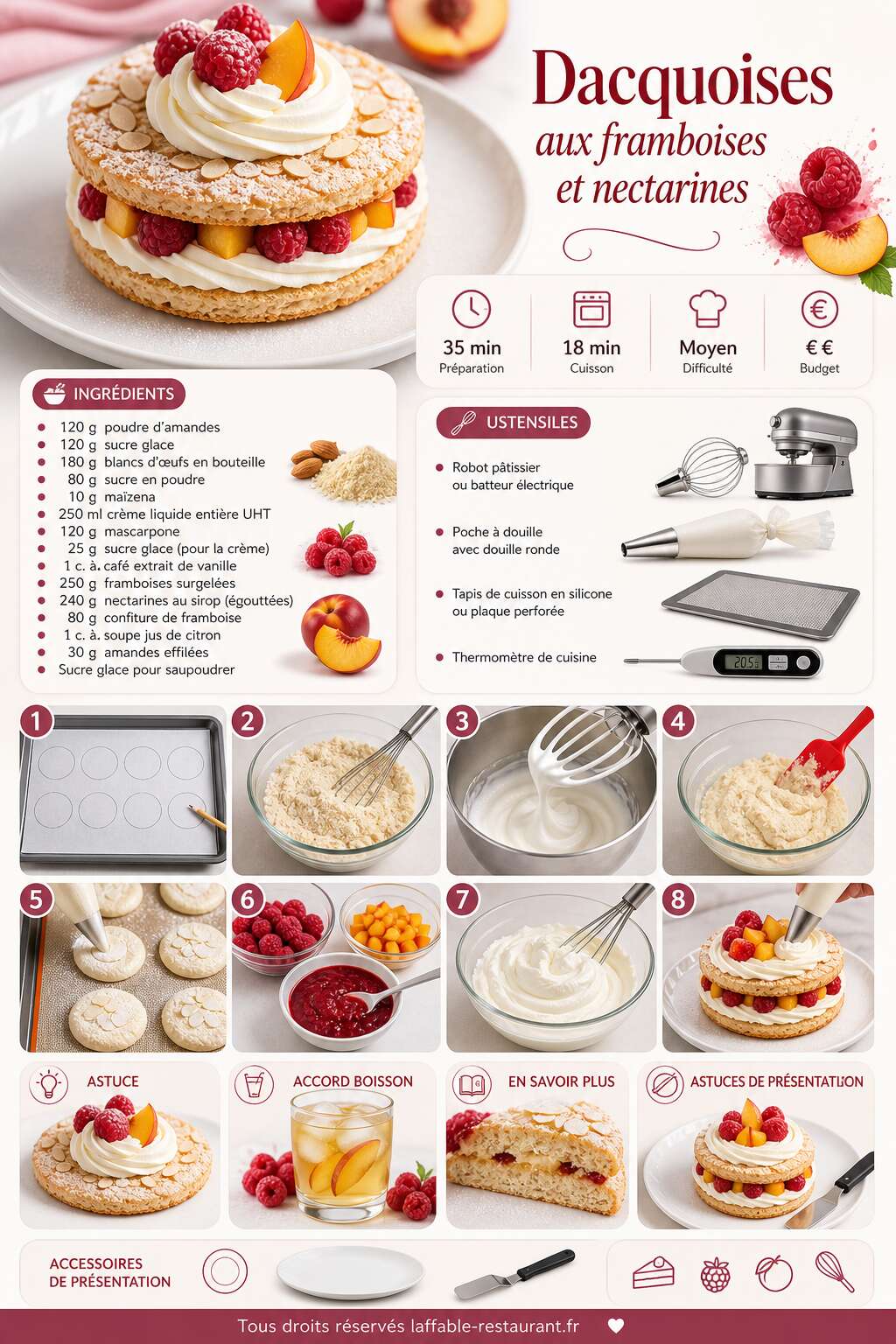 Fiche recette Recette de dacquoises aux framboises et nectarines Fiche recette Recette de dacquoises aux framboises et nectarines
