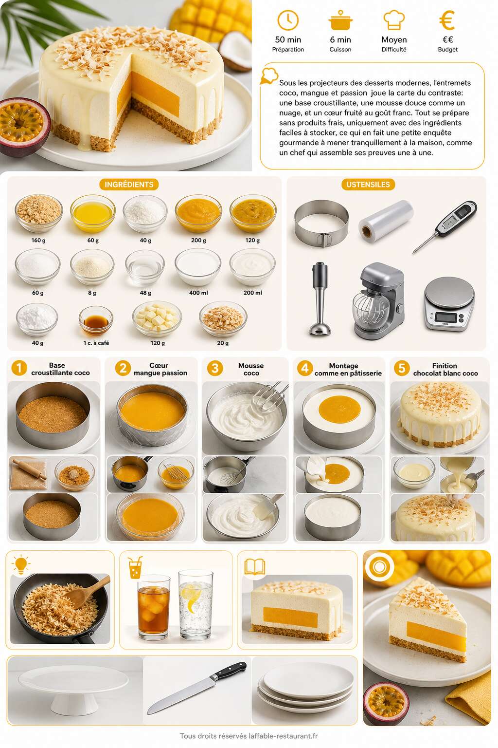 Fiche recette Recette d'entremets coco, mangue et passion