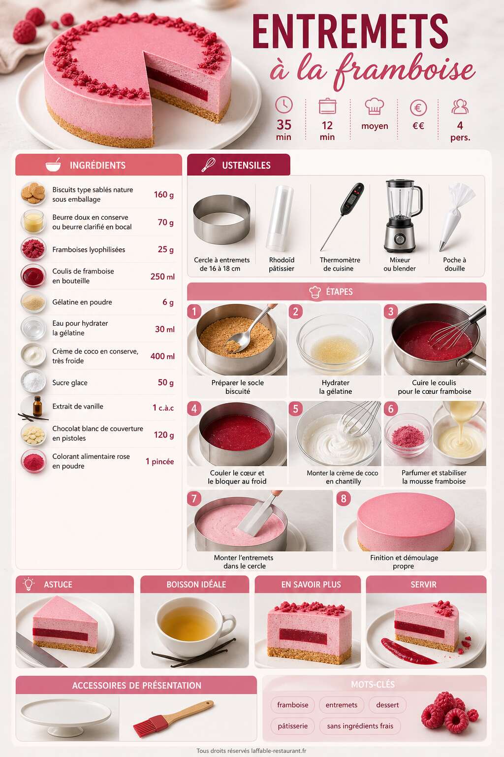 Fiche recette Recette d'entremets à la framboise Fiche recette Recette d'entremets à la framboise