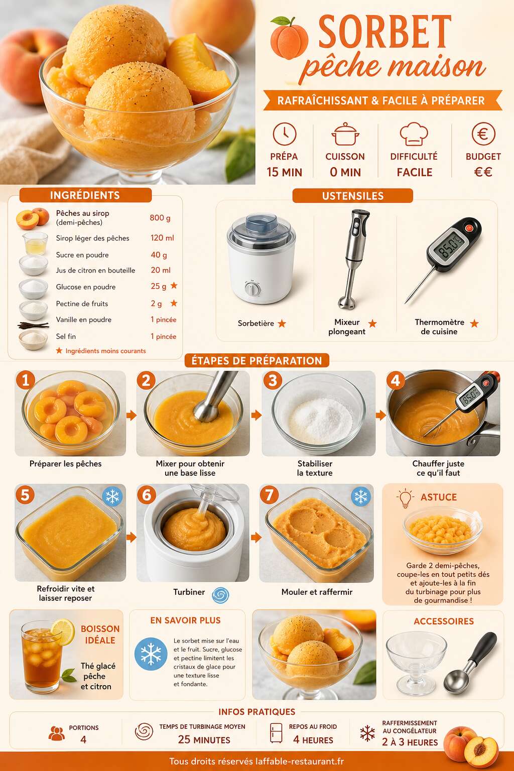 Fiche recette Recette sorbet p&ecirc;che maison - rafra&icirc;chissant et facile &agrave; pr&eacute;parer