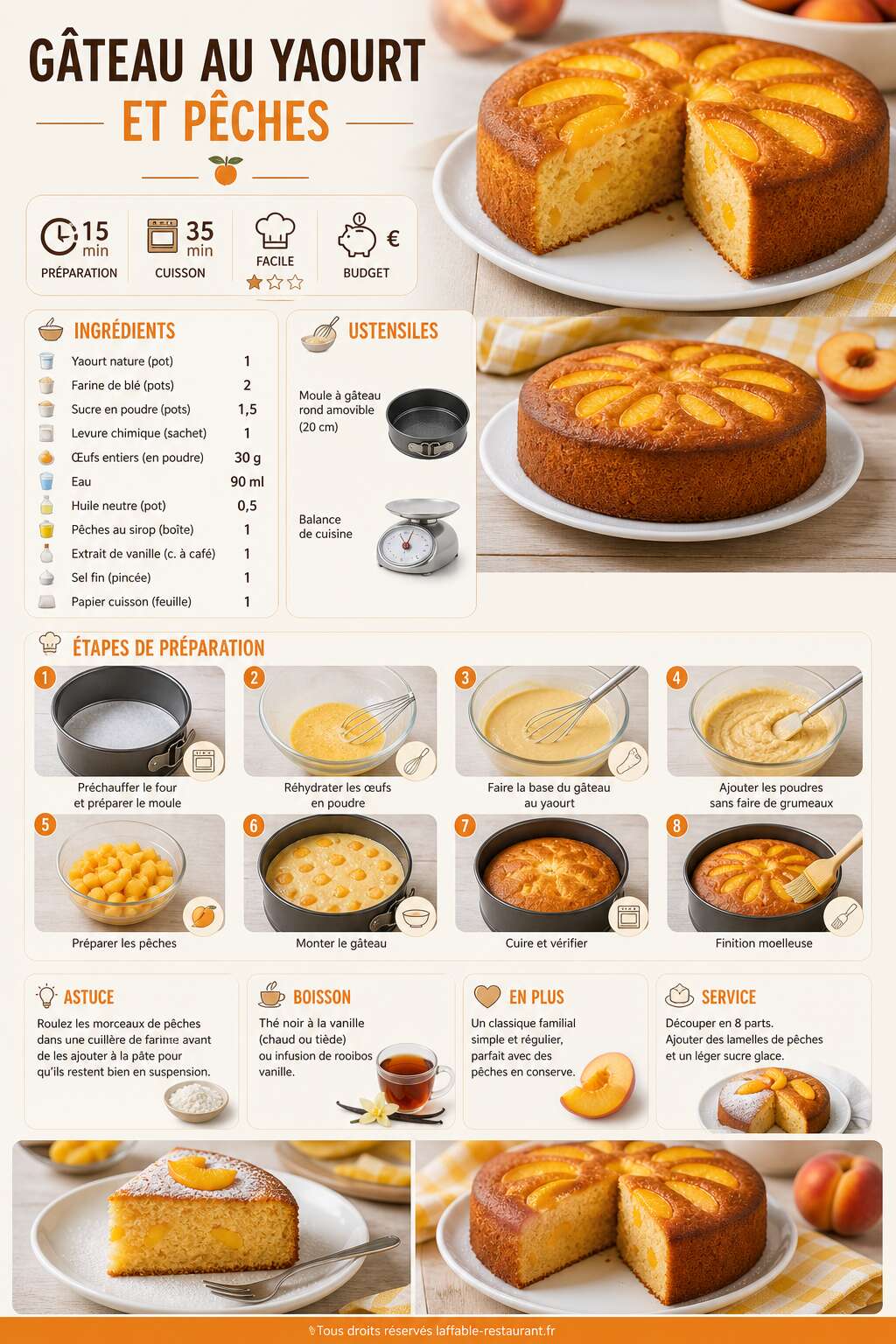 Fiche recette Gâteau au yaourt et pêches : découvrez la recette facile Fiche recette Gâteau au yaourt et pêches : découvrez la recette facile