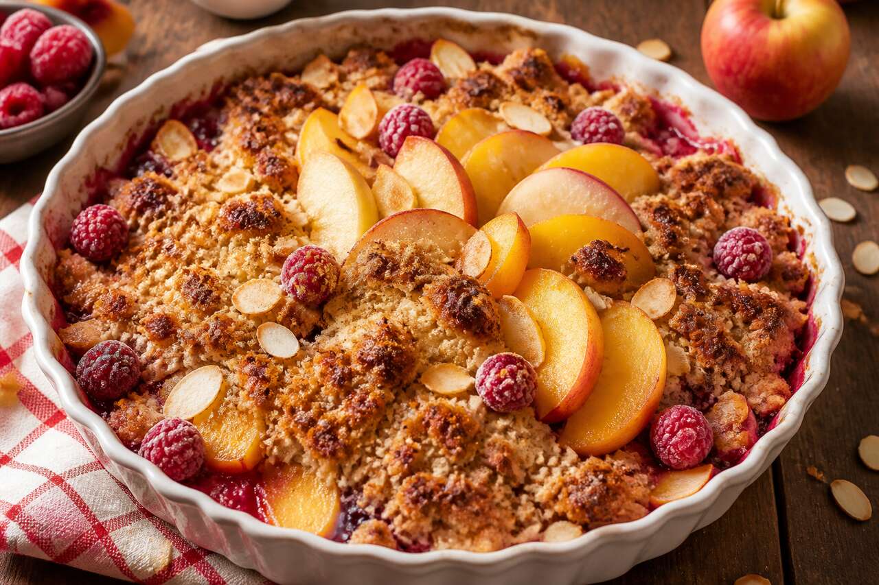 Crumble pêche pommes framboises : recette gourmande et fruitée