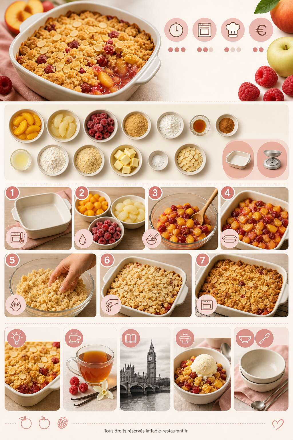Fiche recette Crumble pêche pommes framboises : recette gourmande et fruitée Fiche recette Crumble pêche pommes framboises : recette gourmande et fruitée