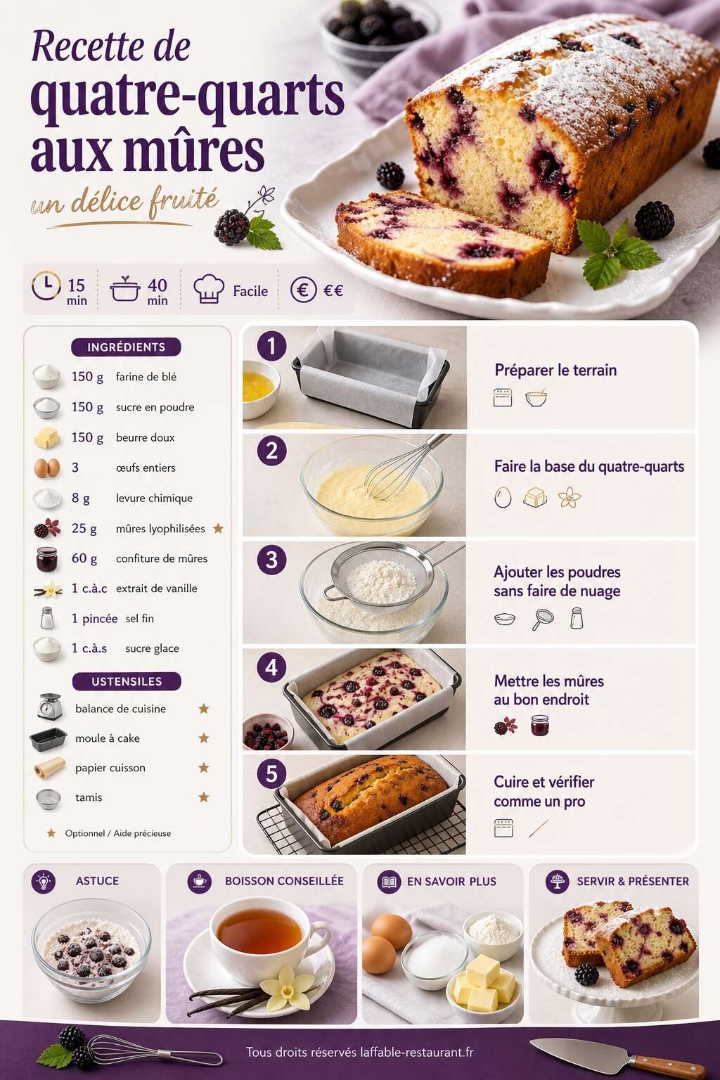 Fiche recette Recette de quatre-quarts aux mûres : un délice fruité Fiche recette Recette de quatre-quarts aux mûres : un délice fruité