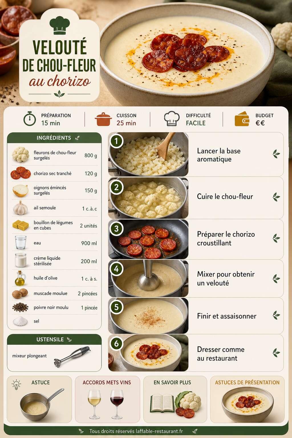 Fiche recette Velouté de chou-fleur au chorizo : recette savoureuse et facile Fiche recette Velouté de chou-fleur au chorizo : recette savoureuse et facile