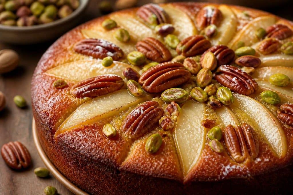 Gâteau aux poires, noix de pécan et pistaches : recette irrésistible