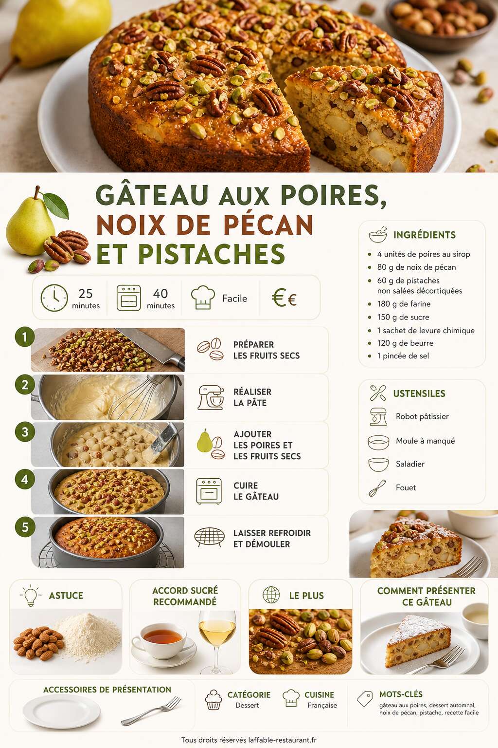 Fiche recette G&acirc;teau aux poires, noix de p&eacute;can et pistaches : recette irr&eacute;sistible