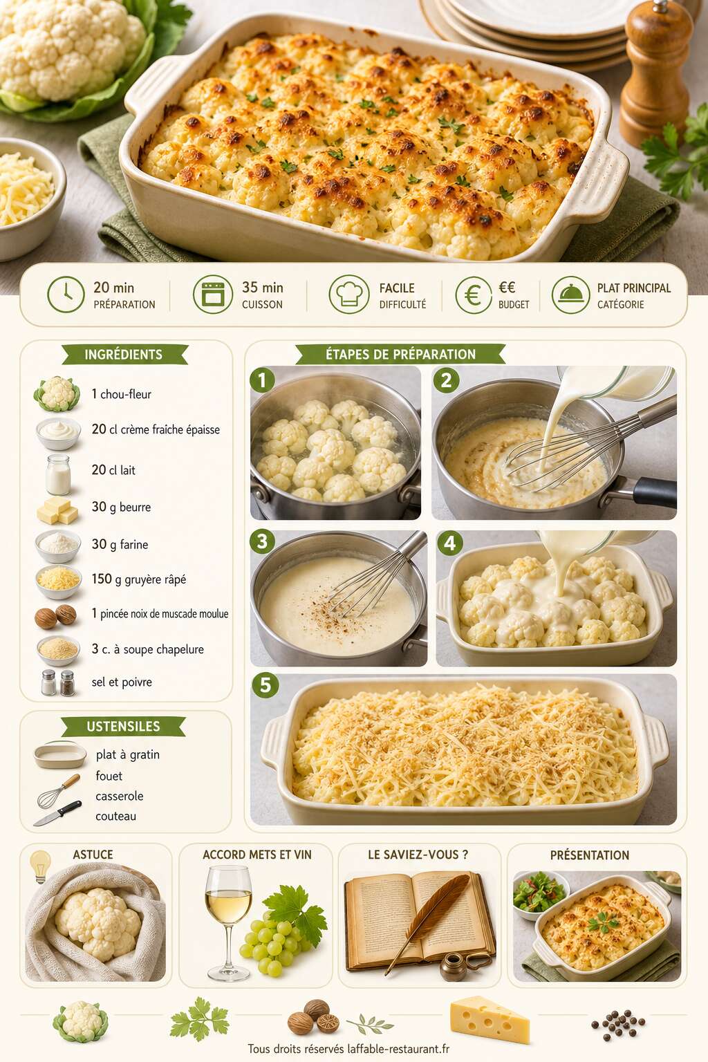 Fiche recette Gratin de chou-fleur : recette savoureuse et saine Fiche recette Gratin de chou-fleur : recette savoureuse et saine