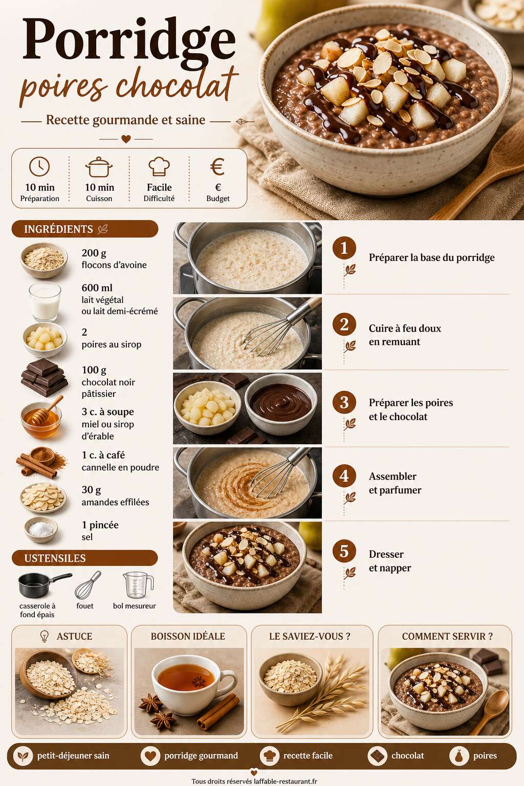 Fiche recette Porridge poires chocolat : recette gourmande et saine Fiche recette Porridge poires chocolat : recette gourmande et saine
