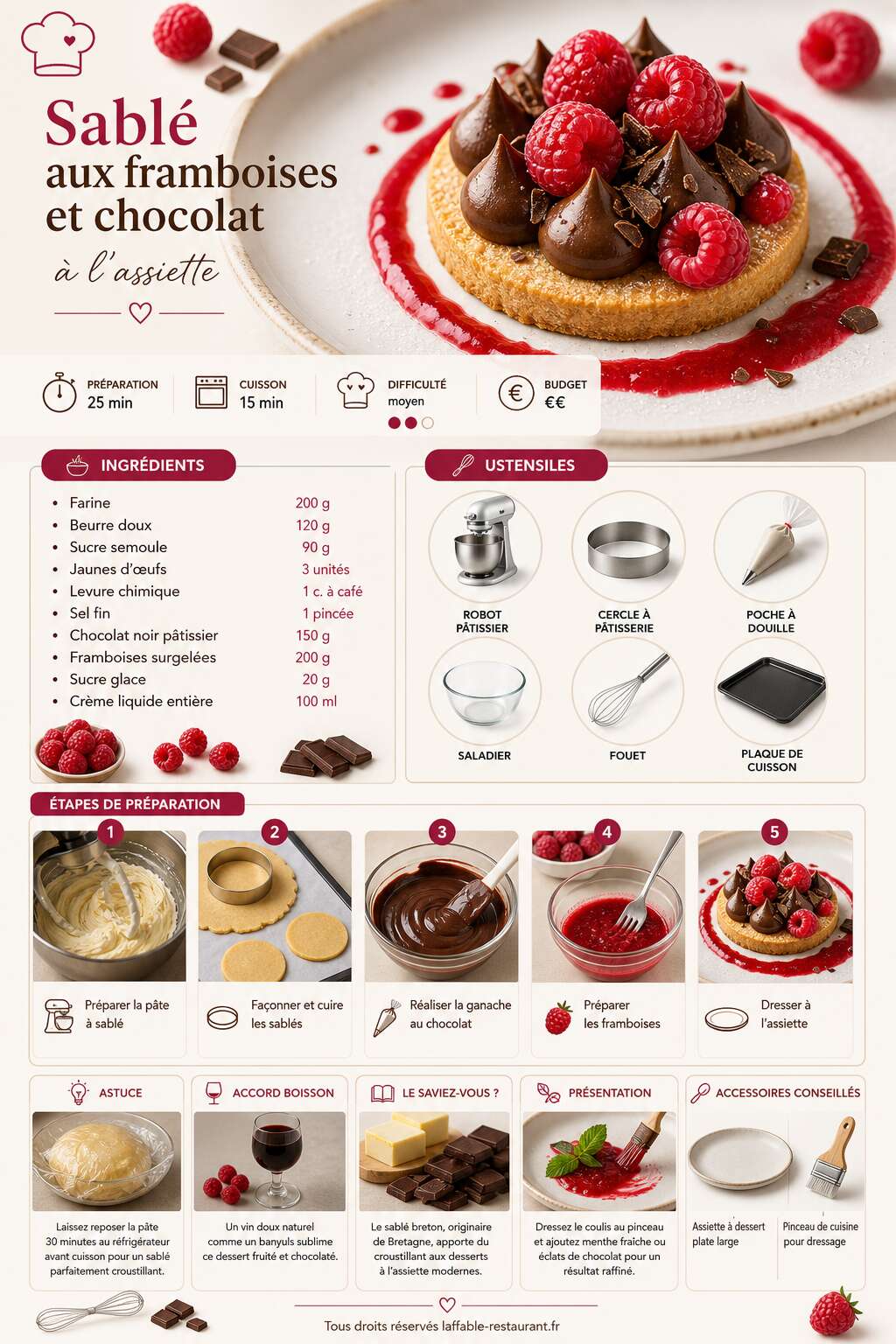 Fiche recette Recette de sablé aux framboises et chocolat à l'assiette Fiche recette Recette de sablé aux framboises et chocolat à l'assiette