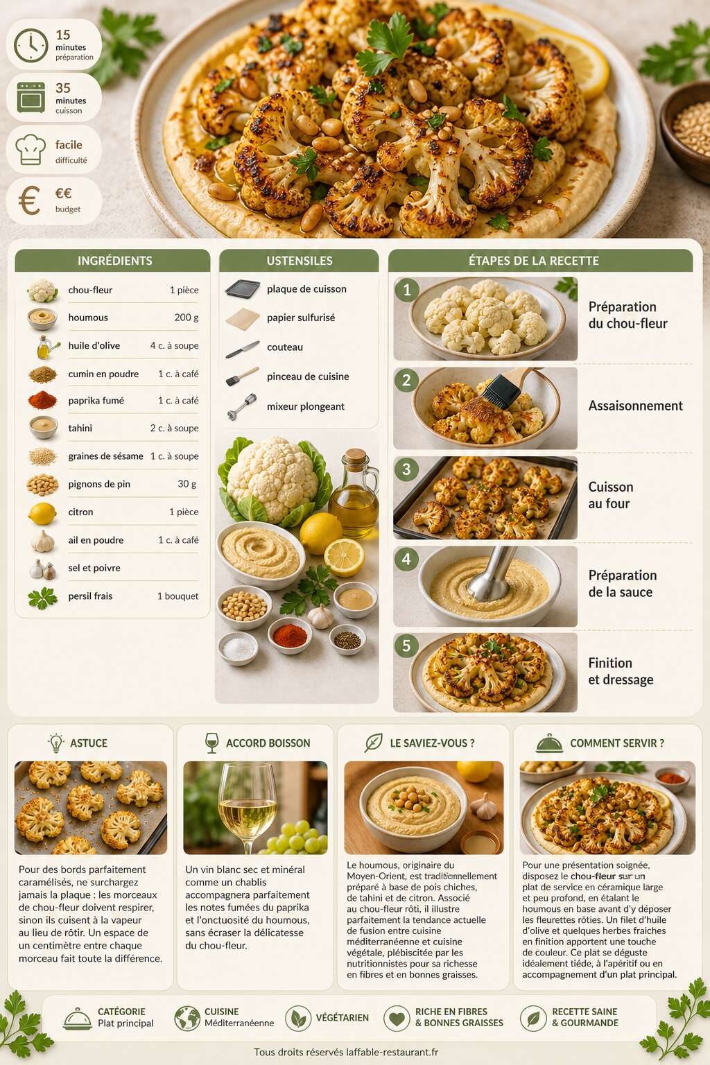 Fiche recette Chou-fleur rôti au houmous : recette santé savoureuse Fiche recette Chou-fleur rôti au houmous : recette santé savoureuse